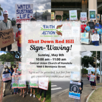 Shut Down Red Hill sign-waving flyer. Background images are of previous sign-waving events.