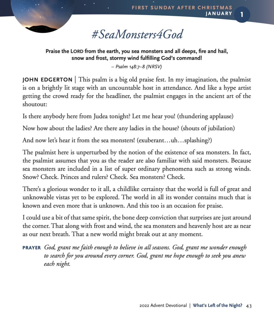 #SeaMonsters4God Praise the Lord from the earth, you sea monsters and all deeps, fire and hail, snow and frost, stormy wind fulfilling God’s command! – Psalm 148:7–8 (NRSV) JOHN EDGERTON | This psalm is a big old praise fest. In my imagination, the psalmist is on a brightly lit stage with an uncountable host in attendance. And like a hype artist getting the crowd ready for the headliner, the psalmist engages in the ancient art of the shoutout: Is there anybody here from Judea tonight? Let me hear you! (thundering applause) Now how about the ladies? Are there any ladies in the house? (shouts of jubilation) And now let’s hear it from the sea monsters! (exuberant...uh...splashing?) The psalmist here is unperturbed by the notion of the existence of sea monsters. In fact, the psalmist assumes that you as the reader are also familiar with said monsters. Because sea monsters are included in a list of super ordinary phenomena such as strong winds. Snow? Check. Princes and rulers? Check. Sea monsters? Check. There’s a glorious wonder to it all, a childlike certainty that the world is full of great and unknowable vistas yet to be explored. The world in all its wonder contains much that is known and even more that is unknown. And this too is an occasion for praise. I could use a bit of that same spirit, the bone deep conviction that surprises are just around the corner. That along with frost and wind, the sea monsters and heavenly host are as near as our next breath. That a new world might break out at any moment. PRAYER God, grant me faith enough to believe in all seasons. God, grant me wonder enough to search for you around every corner. God, grant me hope enough to seek you anew each night.