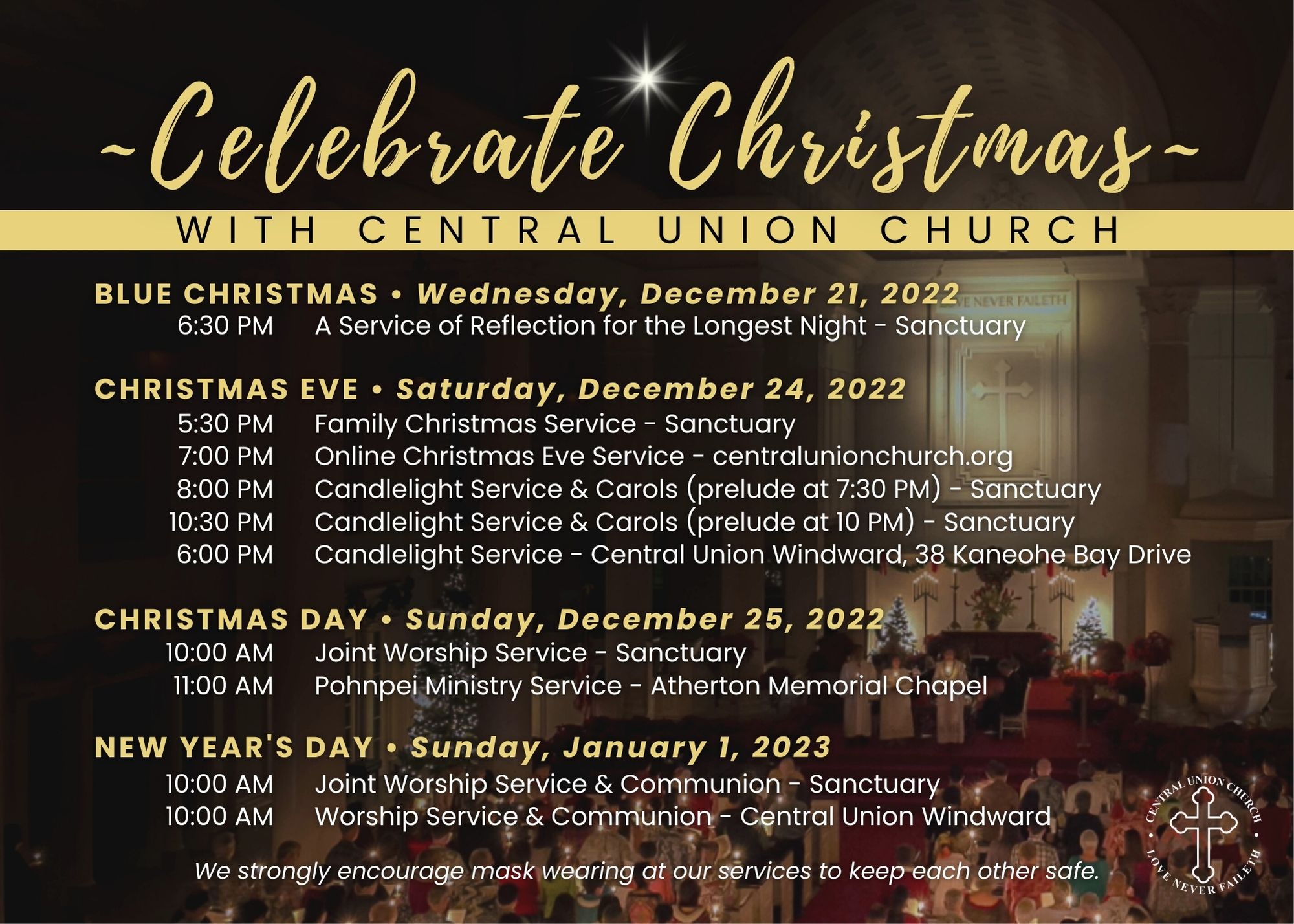 Schedule of Christmas services at Central Union Church for 2022