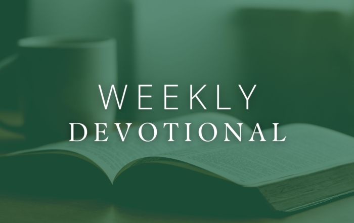 dark green background opaque photo of open bible and mug text reads weekly devotional