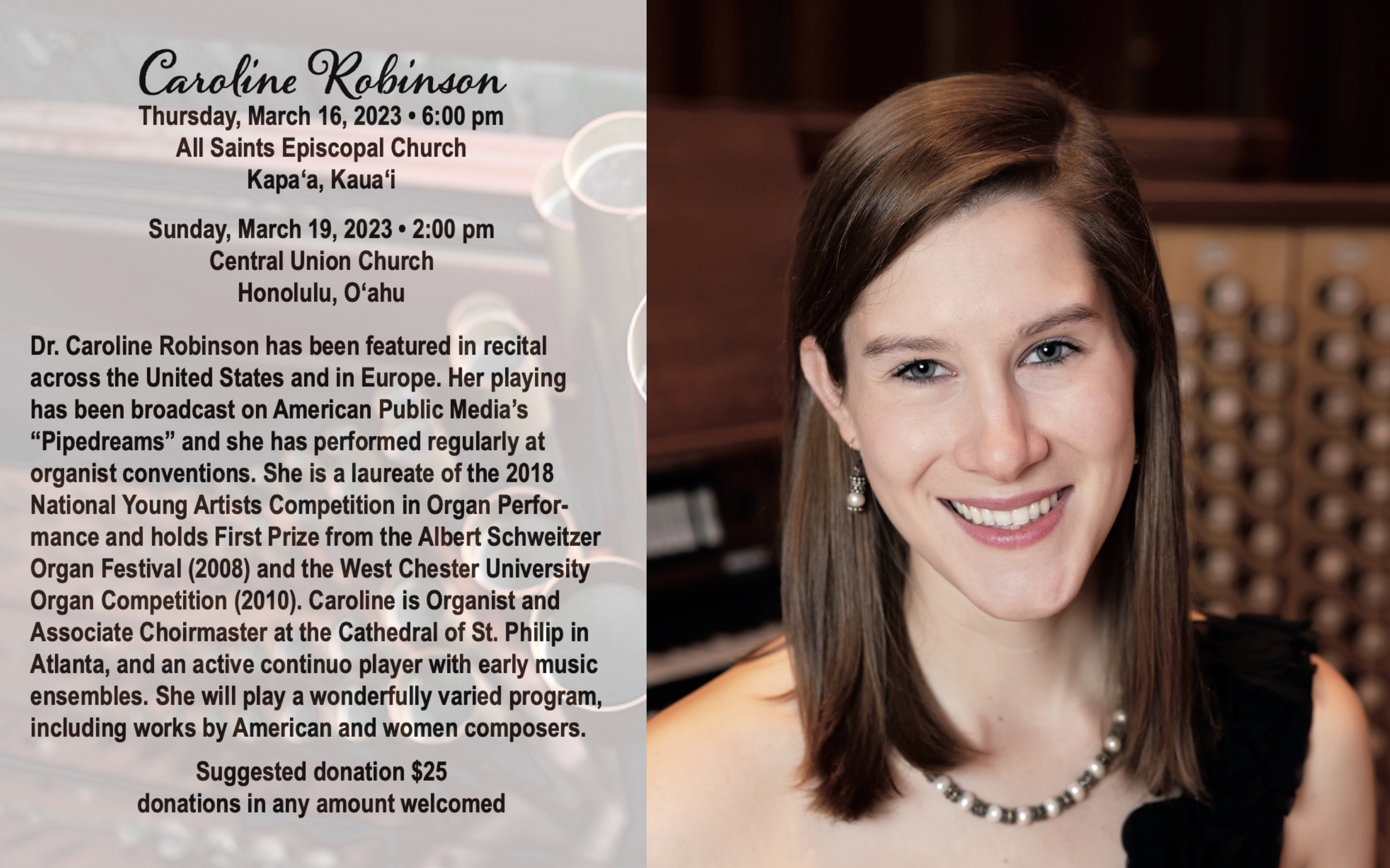 Caroline Robinson organ concert at Central Union Church March 19 2023