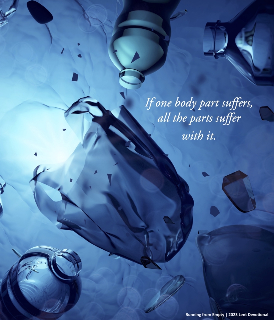image of blue ocean with floating plastic. text reads If one body part suffers, all the parts suffer with it.