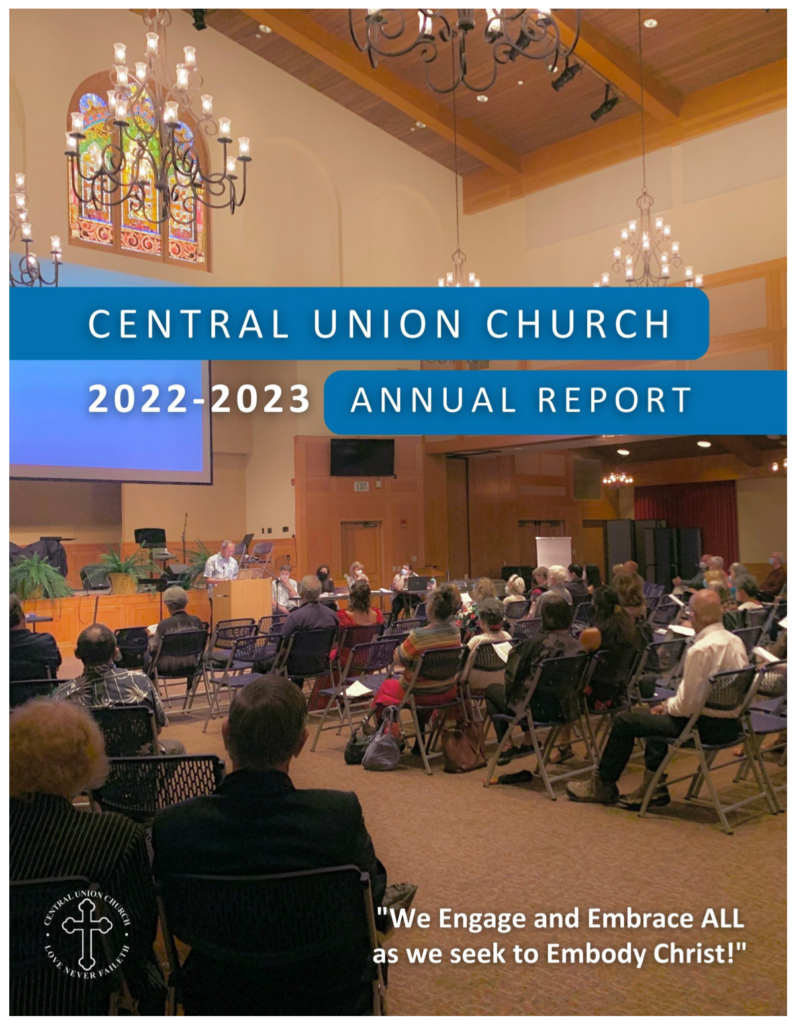 Text reads Central Union Church 2022-2023 Annual Report over background image of a congregational meeting in the parish hall