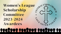 colorful abstract background silhouettes of 23 people on bottom border text readers women's league scholarship committee 2023-2024 awardees and CUC logo is to the right