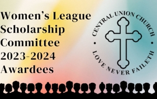 colorful abstract background silhouettes of 23 people on bottom border text readers women's league scholarship committee 2023-2024 awardees and CUC logo is to the right