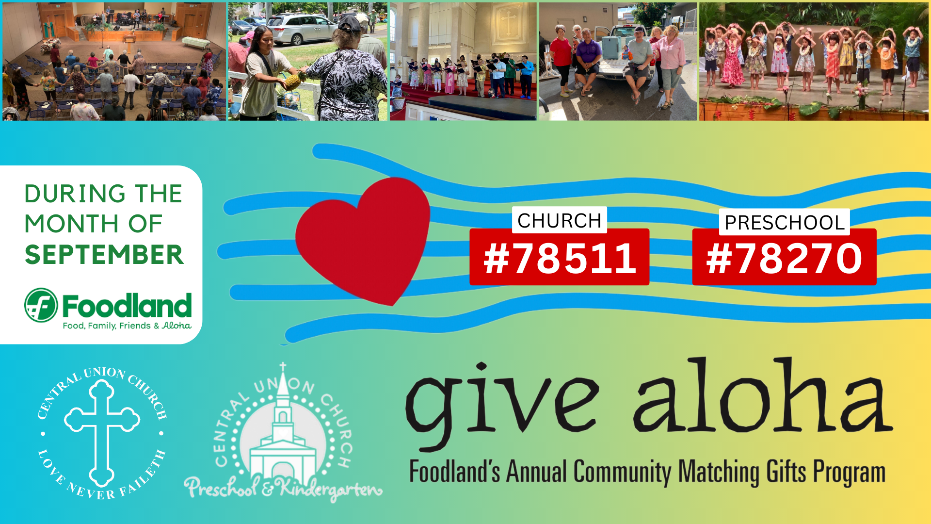 large graphic with five photos at top give aloha foodland logo with church and preschool codes and logos