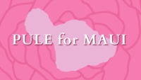 pink background with faint outlines of rose maui's flower with outline of maui island with text that reads pule for maui