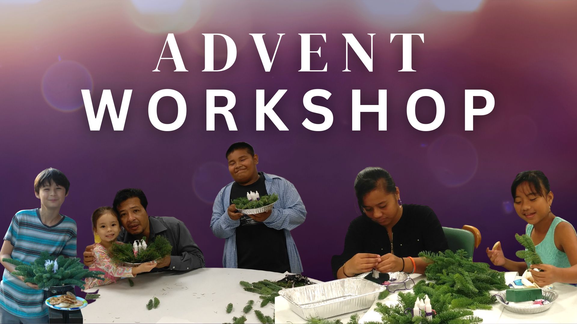 text reads advent workshop with image of children making advent wreaths