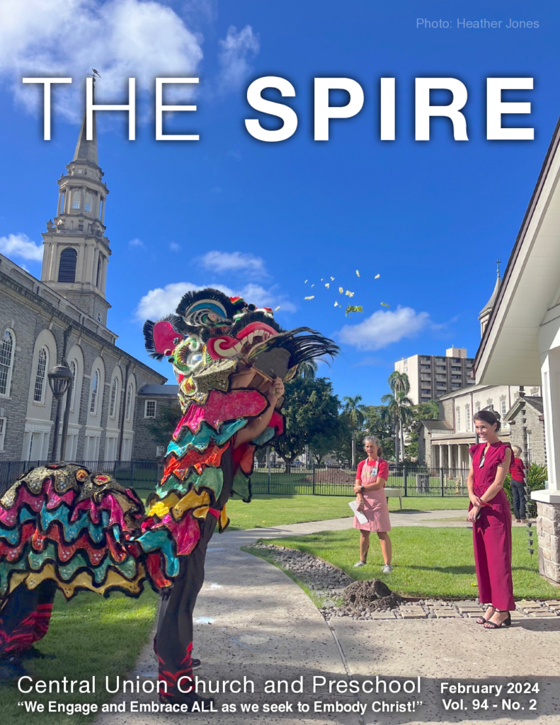 cover of Spire publication for February 2024 Chinese lion dance with sanctuary spire in background and blue sky