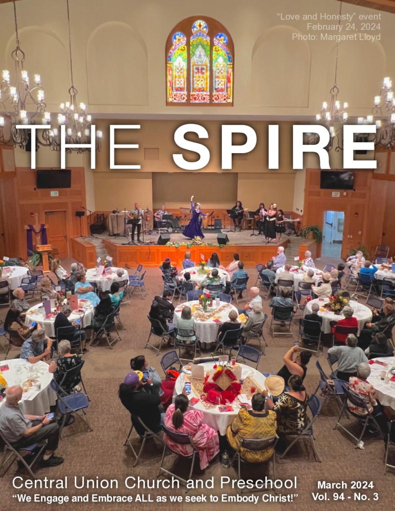 cover of Spire publication for March 2024 people around tables in Parish Hall for Love and Honesty welcome dinner event