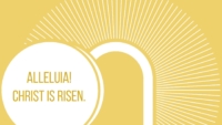 easter modern graphic of open tomb and sun rays yellow background text reads alleluia christ is risen!