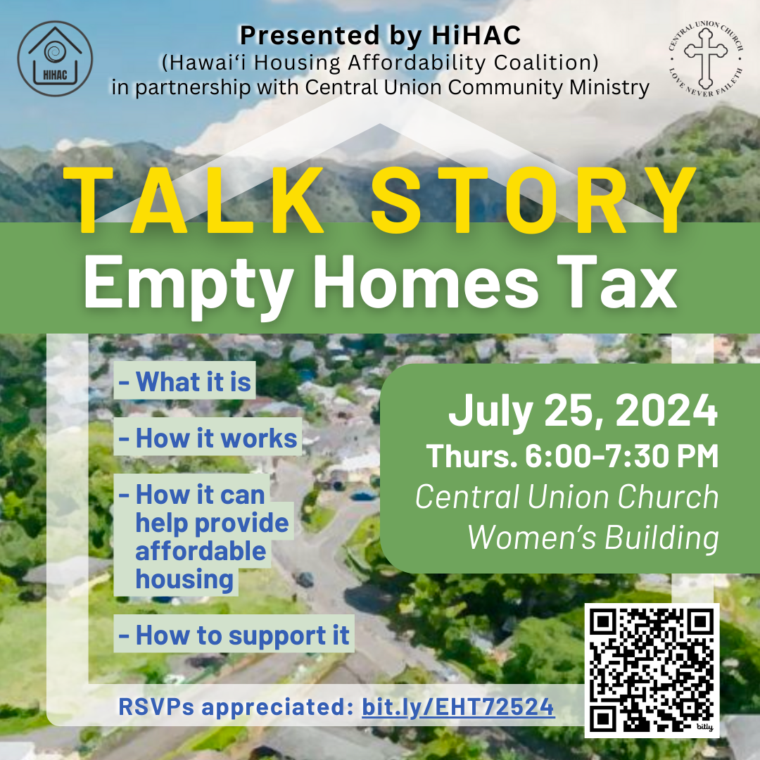 Graphic flyer on Empty Homes Tax presentation July 25 6:00 pm