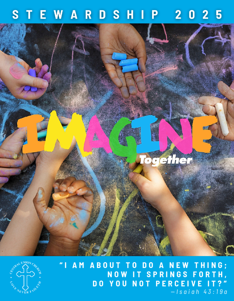 cover of stewardship 2025 mailer title imagine together with hands holding out chalk