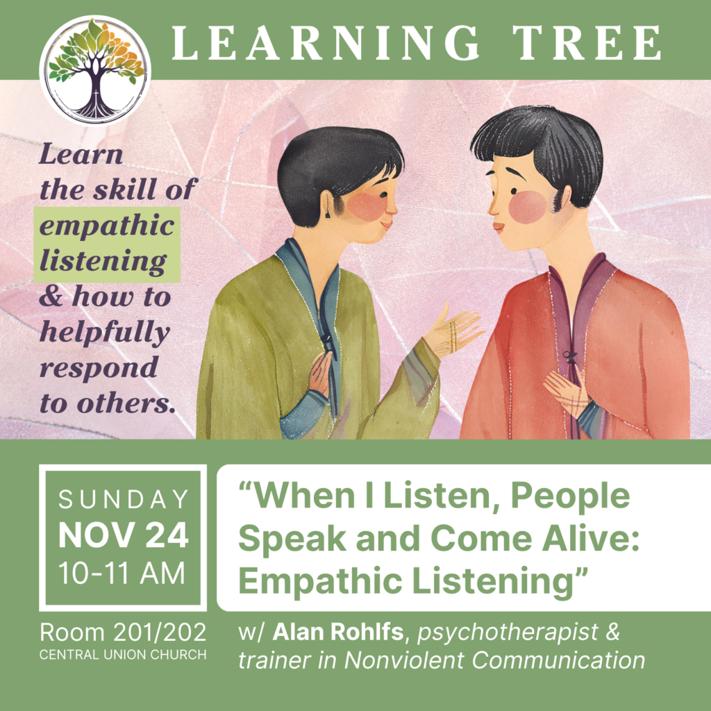 graphic for learning tree presentation on empathic listening. main image is two people in conversation