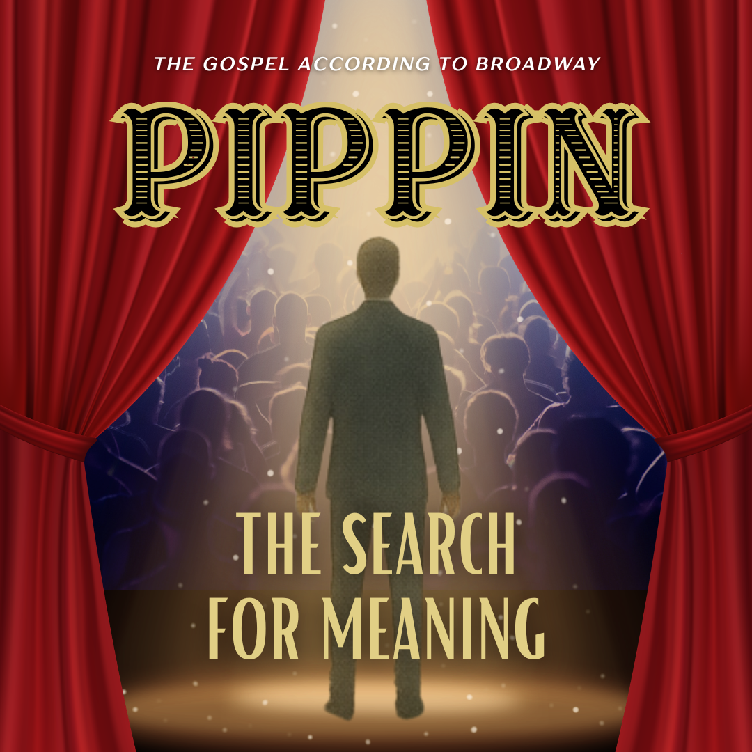 Pippin - The Search for Meaning - image man stares out at crowd, framed by red theatre curtains