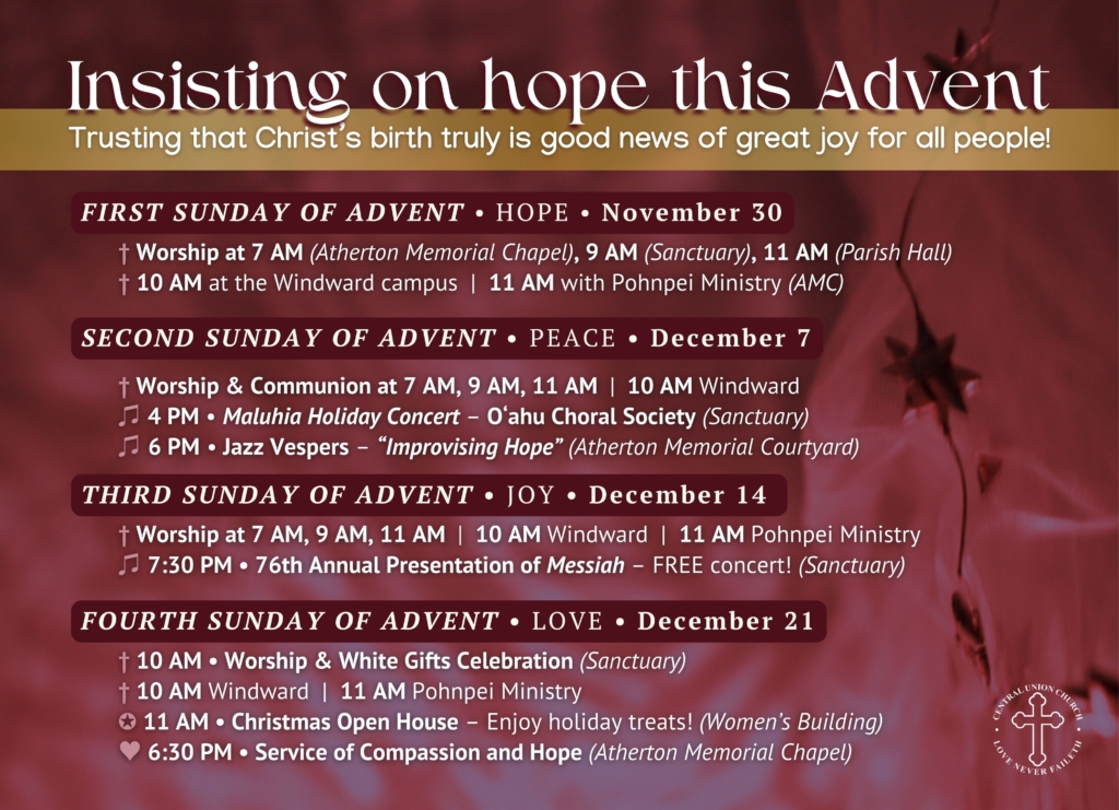 Insisting on hope this Advent. Card of Central Union Church's 2025 Advent schedule.