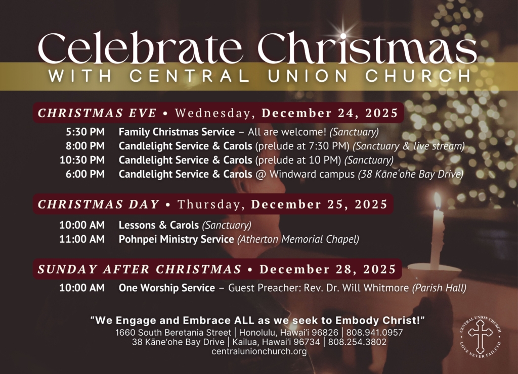 Celebrate CHristmas with Central Union Church. Card of 2025 Christmas services.