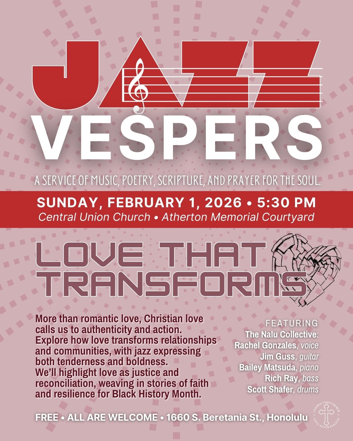 Jazz Vespers service on February 1, 2026 at 5:30 PM at Central Union Church. Theme is "Love That Transforms."