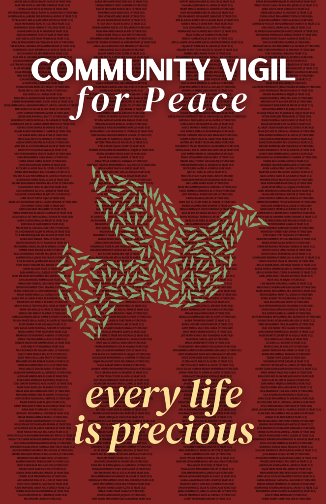 Community Vigil for Peace - every life is previous, over red background with rows of names in black, a dove mosaic in the center