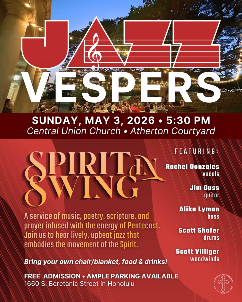 Jazz Vespers flyer for May 3 with theme Spirit In Swing red background for Pentecost
