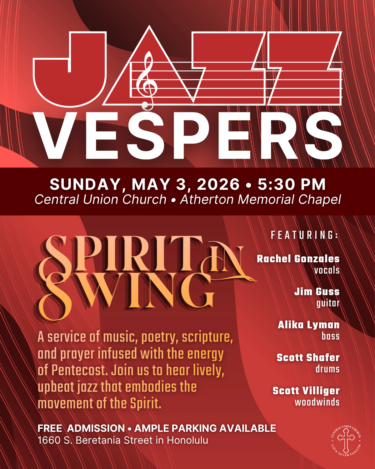 Jazz Vespers flyer for May 3 with theme Spirit In Swing red background for Pentecost