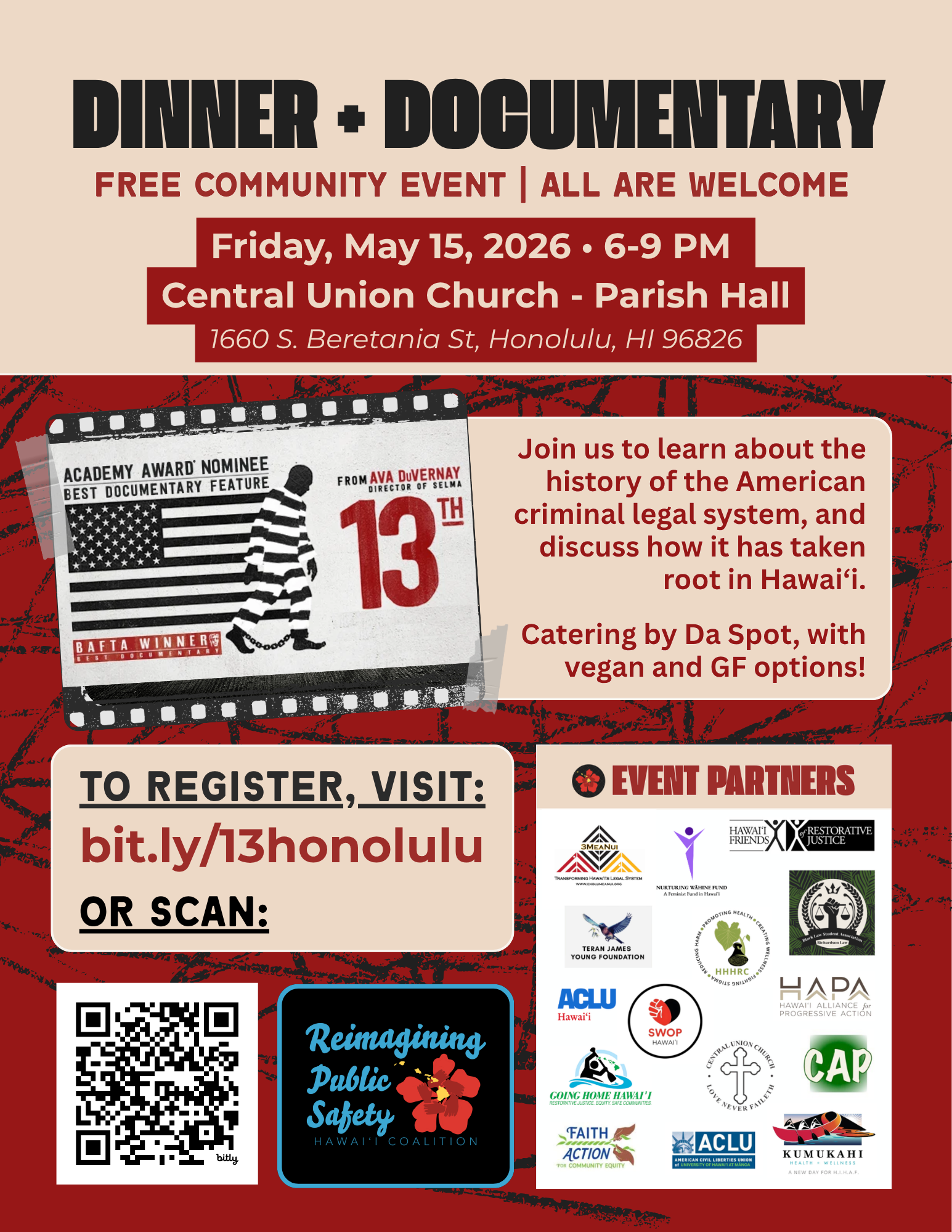 Dinner & Documentary viewing of 13th on May 15