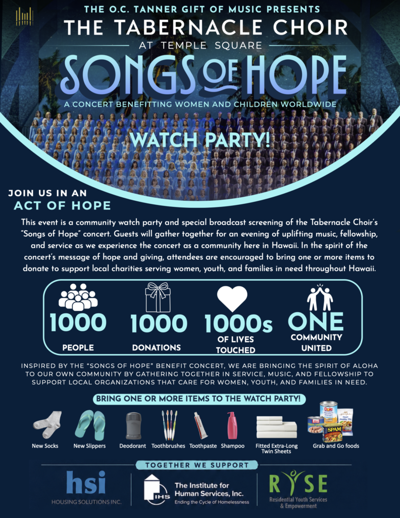 The Tabernacle Choir Songs of Hope Watch Party, bring items for donation