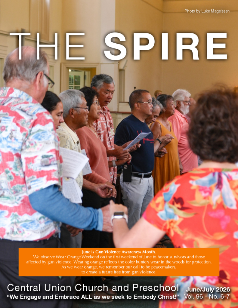 June-July 2026 Spire cover of 7AM worshipers wearing orange, holding hands in circle